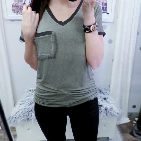 SALE Olive Pocket Tee Mineral Wash V-neck Top - Picture 3 of 5